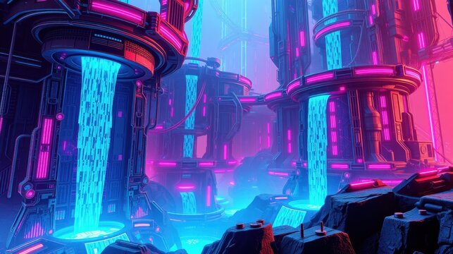 Futuristic cityscape. Neon lights illuminate complex structures. Dark background emphasizes vibrant blues, pinks, glowing details. Mysterious atmosphere.