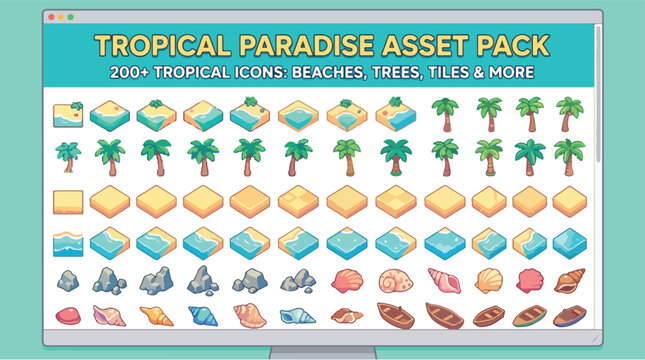 Tropical paradise asset pack with 200 plus icons, isometric beach tiles and palm trees, game design elements for summer vacation maps