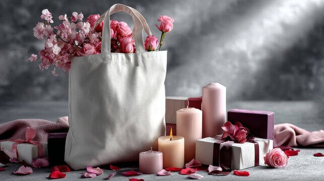 Elegant Floral Arrangement in Tote Bag Surrounded by Soft Candles and Gift Boxes