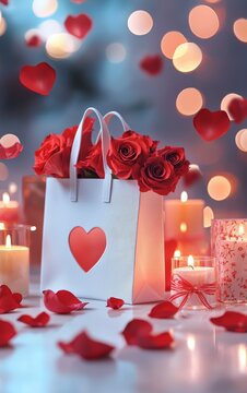 Romantic Gift Bag with Roses and Heart Shaped Cutout on a Soft Background