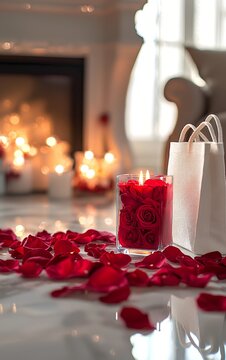 Romantic Ambiance with Rose Petals and Candle in Cozy Living Room Setting
