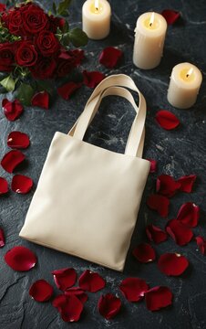 Elegant Cream Tote Bag Surrounded by Red Roses and Candle Lights on Dark Surface