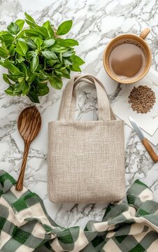 Cozy Kitchen Still Life with Bag, Coffee, Spoon, Plant, and Decorative Elements