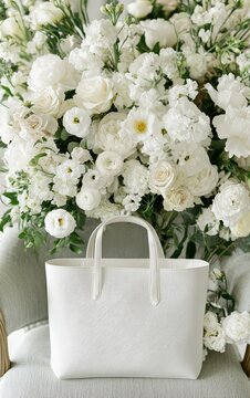 Elegant White Handbag in Front of Beautiful Flower Arrangement in Soft Room Setting