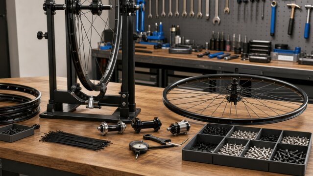 Tools and parts spread on a workbench for bicycle wheel assembly in a workshop with tools organized on a wall