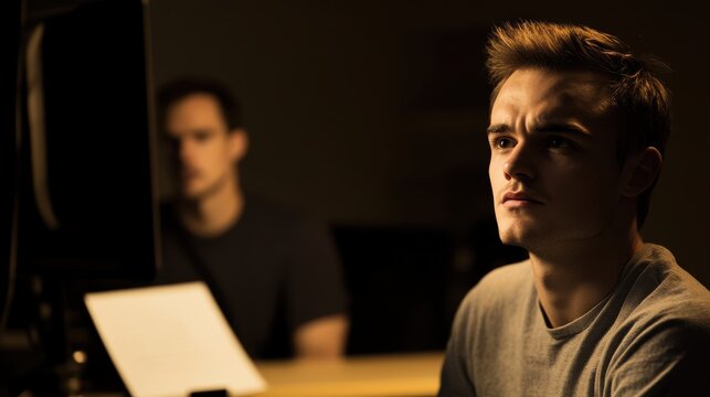 Actor performing a dramatic monologue while director observes