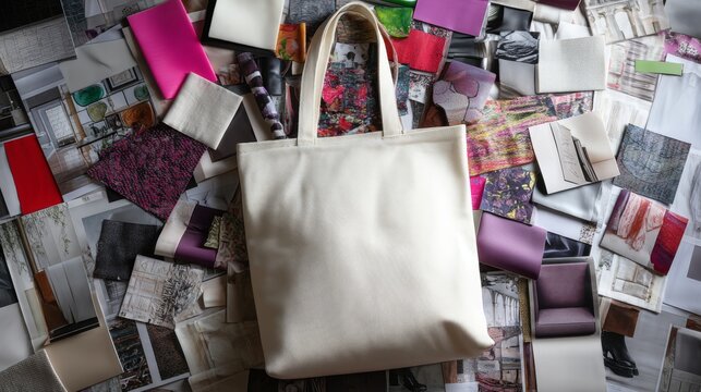 Stylish Cream Tote Bag Surrounded by Colorful Fabric Swatches and Textured Background