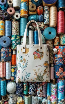 Floral Tote Bag Against Colorful Spools of Thread in Craft Supply Background