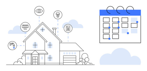 Fototapeta premium Smart home automation, energy efficiency, IoT system, remote control, home security, scheduling. House with connected devices and calendar. Smart home automation and energy efficiency concept