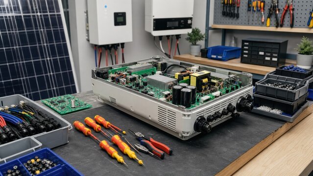 Circuit board assembly and tool setup in a workshop for solar power equipment on a workbench with various components at midday