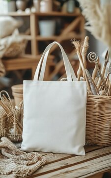 Minimalist White Tote Bag with Stylish Wooden Decor and Crafting Tools Background