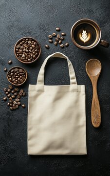 Neutral Canvas Tote Bag, Coffee Beans, Wooden Spoon, and Cup on Dark Background