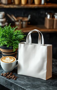 Cozy Coffee Shop Setting with White Bag and Latte Art on Marble Countertop