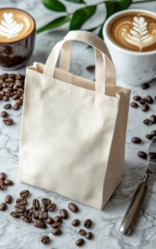 Stylish canvas bag surrounded by coffee beans and cups on marble surface