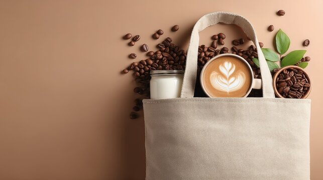 Cozy Coffee Setup with Tote Bag, Fresh Beans, Mug and Cream Jar on Brown Surface