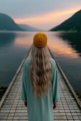 Fototapeta premium Back view of woman on dock at sunset overlooking lake and mountains for landscape wallpaper and travel background