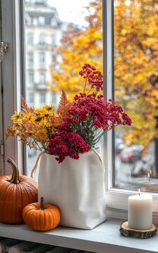 Autumn Window Display with Flowers, Pumpkins, and Candle in Cozy Setting