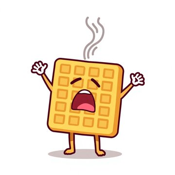 Humorous Cartoon Waffle Character Screaming in Panic with Steam Rising, Expressing Distress and Shocking Emotion
