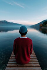 Fototapeta premium Person seated on a wooden dock watching a calm alpine lake at dusk with distant mountains for meditation background and wallpaper use