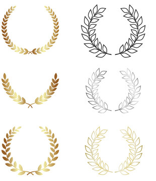 Collection of laurel wreaths in gold, black, silver, and outline styles on black and white backgrounds
