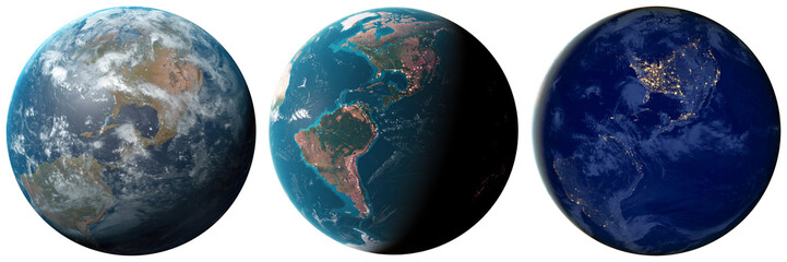 Three views of planet Earth: day, twilight, and night with city lights © Trangchuchue
