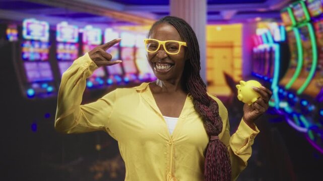 Woman holding yellow piggy bank and flashing rock horns with fingers while smiling broadly and showing teeth in a building; savings luck joy.