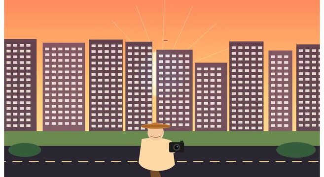 Photographer taking of city skyline at sunset flat animation