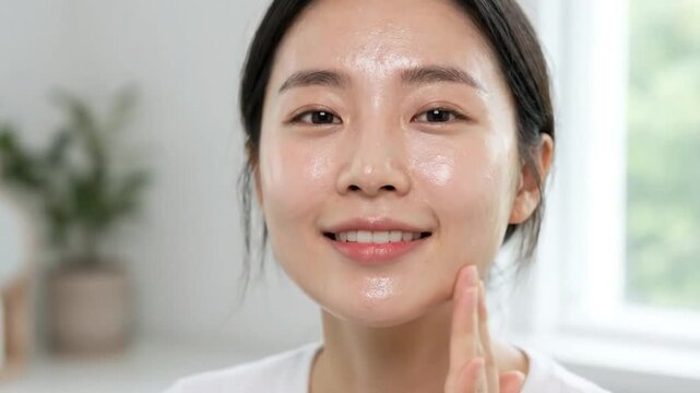 Young woman with glass skin, clear complexion, natural makeup, healthy skin, radiant face, skincare routine, smooth texture, beauty, happiness, before after transformation, glowing complexion