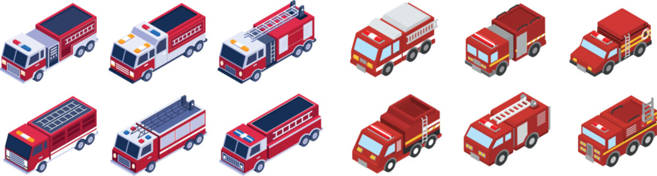 Different types of firefighting trucks in 3D isometric view set.

Red emergency rescue vehicle collection for fire station design.
