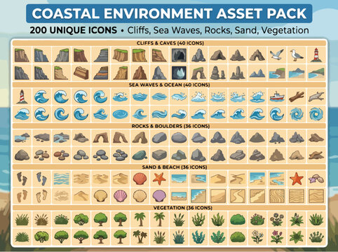 Coastal environment asset pack with 200 unique icons, isometric nature landscape elements for game design, sea waves and beach vector set