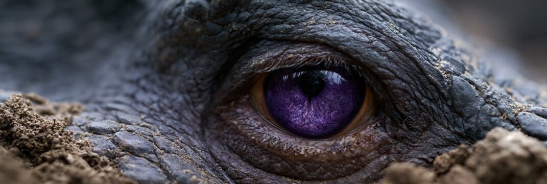 Macro reptile eye with purple iris and mud covered textured skin for dramatic wallpaper and background use