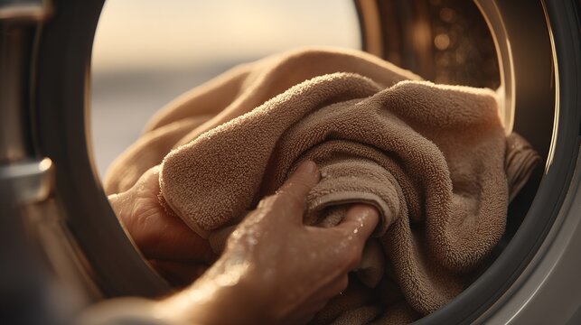 Hand Placing Towel Inside Washing Machine