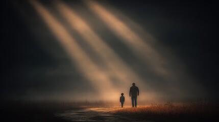 Fototapeta premium Father and Son Walking in the Misty Light