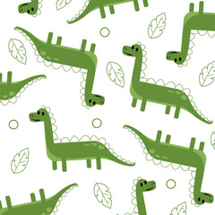 green brontosaurus dinosaur cartoon vector seamless pattern design for kids apparel © Rizki