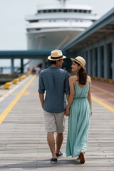 Fototapeta premium Couple walking hand in hand on a cruise pier toward ship for travel banner and vacation background