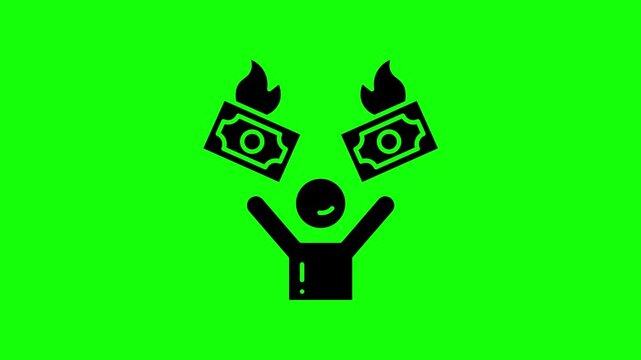 Animated icon of a person juggling burning money, symbolizing overspending.
