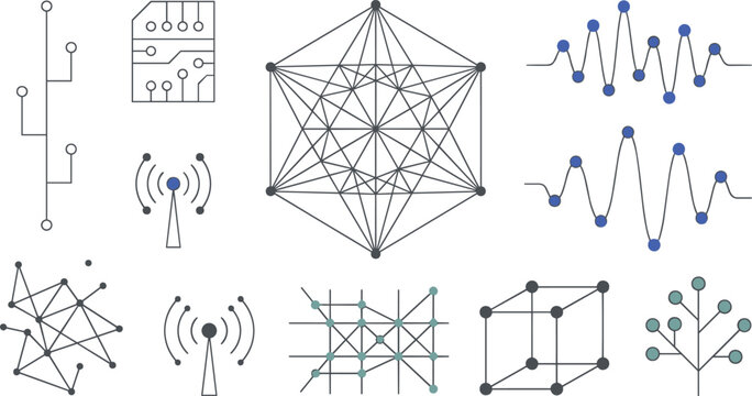 Abstract digital technology network icons with electronic microchip geometric grid data waves and connectivity lines vector illustration