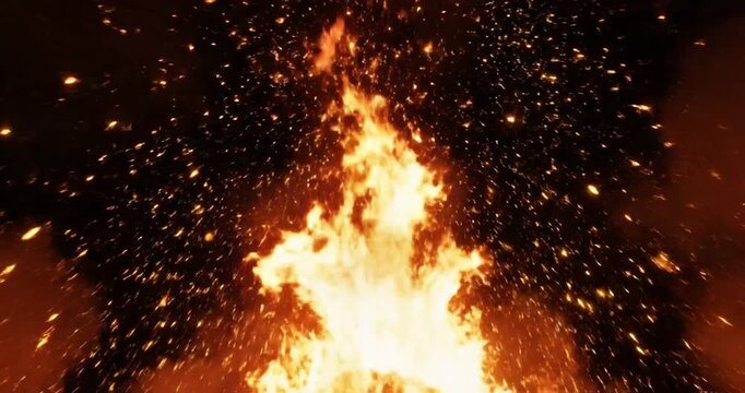 Large Fire Burning at Night.
