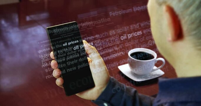 Oil prices and fuel costs articles is reading the on smartphone. Man read headline news across international media. Abstract concept of news titles on phone in hand.