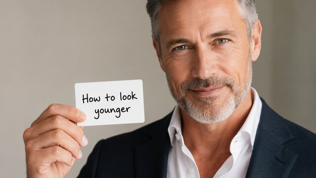 Confident Mature Man Holding Card with Anti Aging Concept Message
