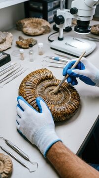 Hands cleaning ancient ammonite fossil with brush in laboratory