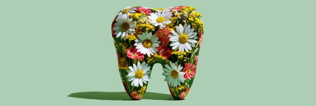 Tooth shaped floral composition covered with daisies and wildflowers on green background for dental wellness and nature concept banner