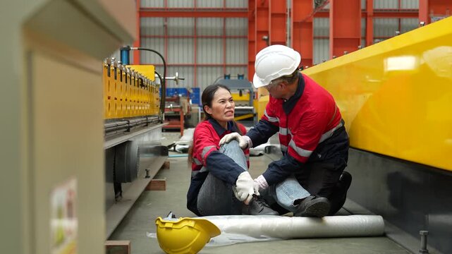 A worker was involved in an accident on the production line at a metal sheet and roofing factory (4K video).