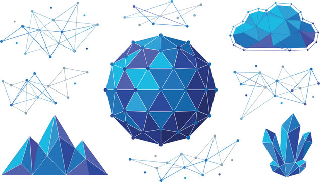 Blue Low Poly Geometric Shape Collection with 2D Sphere Mountains Crystal Cloud and Constellation Line Art Vector Set