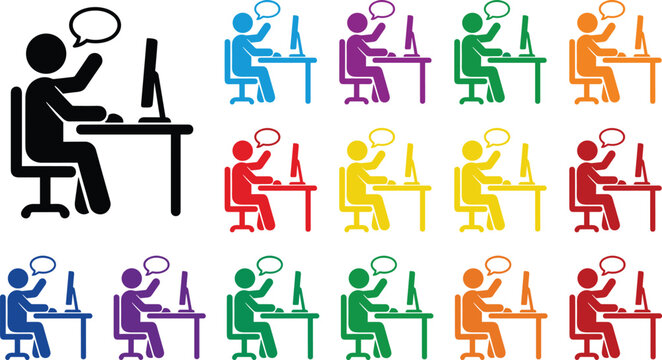 Colorful Stick Figure Person Sitting at Computer Desk with Speech Bubble Set in Multiple Vibrant Colors