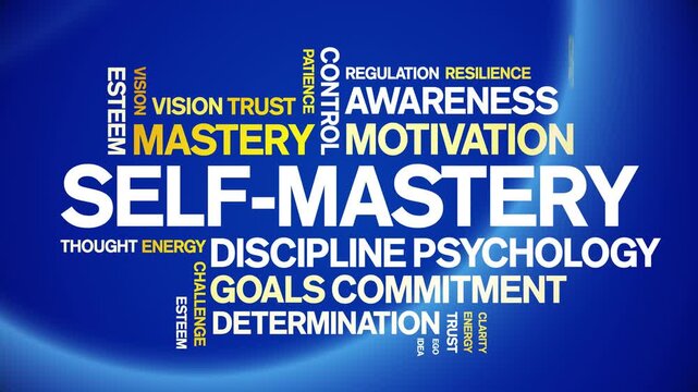 Self-Mastery animated word cloud-text design animation tag kinetic typography seamless loop.