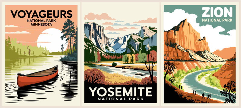 Vintage travel posters showcase three iconic U.S. National parks. Each depicts serene landscapes, inviting viewers to explore nature's beauty