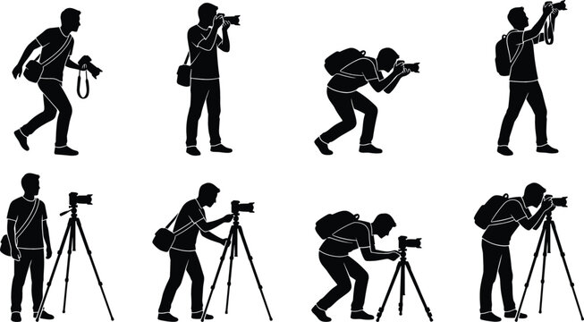 Photographer Silhouette Vector Set Featuring Camera Operators with Tripods and Professional Photography Poses in Black Design