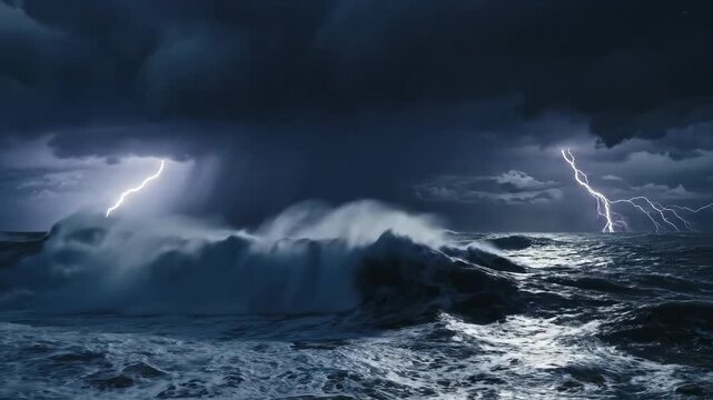 Powerful thunderstorm with lightning over crashing ocean waves at night. Cinematic dramatic weather footage showcasing raw natural force and energy.