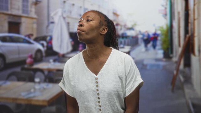 Young woman with pursed lips whistling in front of street cafe tables and parked car; quiet contemplation.